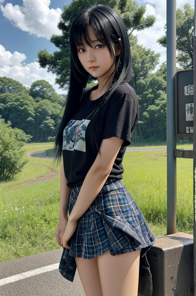 Black blue hair、blue eyess、one good looking girl、solo、and souls、lightly dressed、Plaid miniskirt、flower petals、wetting hair、Black T-shirt、large tree、cloud、railroad crossing、poneyTail、shrines、!!!!????、wakame