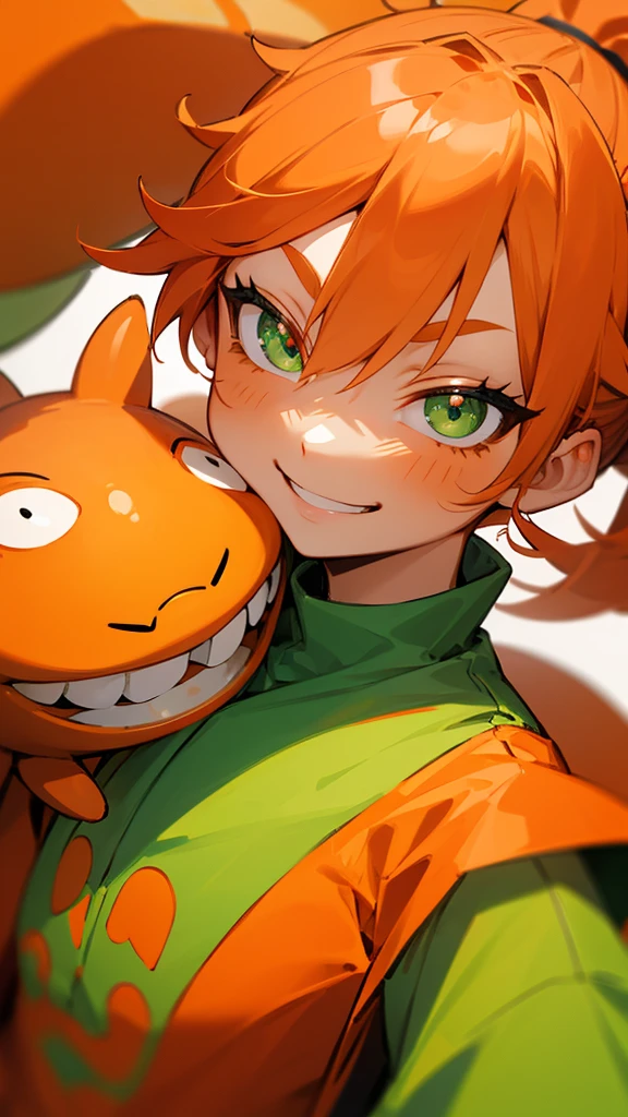 Orange clothes、Orange Hair、ponytail、Beautiful green eyes、Wicked Smile、Shrimp mascot、Upper body close-up