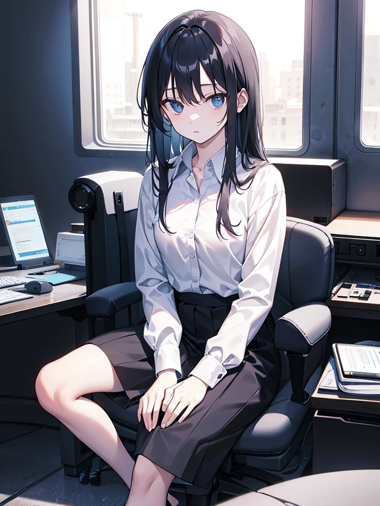 sitting, crossed legale，company president，medium length hair，expressionless，, long sleeve shirt