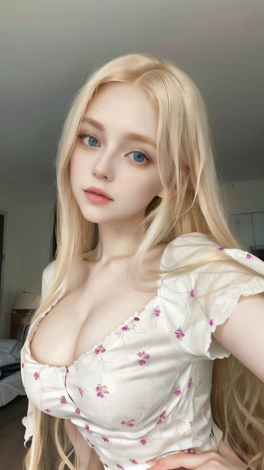 Close-up of a woman with long blonde hair wearing a white blouse, pale and light skin!!, long blonde hair and big eyes, long blonde hair and big eyes, with pale skin, pale skin curly blonde hair, pale porcelain white skin, blonde hair and big eyes, 18 years, blonde goddess, soft pale white skin, sexy look at the camera
