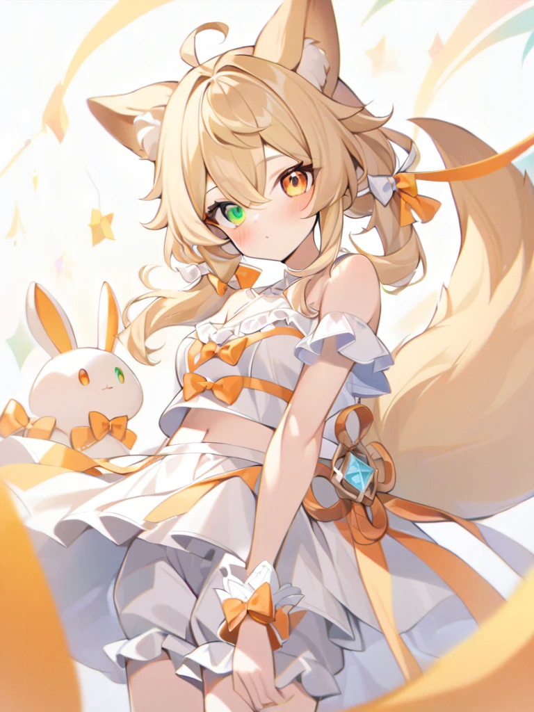 1girl, animal ears, bangs, bare shoulders, blonde hair, blush, bow, breasts, white cleavage, cropped torso, , green eyes, hair ribbon, heterochromia,  stlooking at viewer, , orange bow, orange eyes, orange ribbon, ears like an unearthly animal, fluffy tail, light tail, real tail, ribbon, solo, stuffed animal, stuffed bunny, stuffed toy, twintails, upper body, full-length, white legbands, white shoes with lace and white bows, white background, wrist cuffs, yellow eyes, bloomers, close-up, fair skin frills, lace, midriff, skirt, solo, , white background,shorts, white top with ribbon and lace and trousers,trousers, genshin,white slippers with a bow,All clothes are white, laceAt full height, it stands, в полный рост