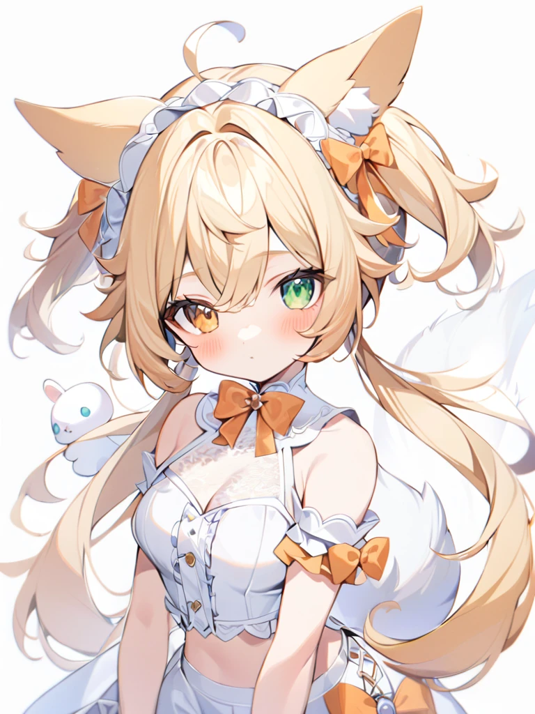 1girl, animal ears, bangs, bare shoulders, blonde hair, blush, bow, breasts, white cleavage, cropped torso, , green eyes, hair ribbon, heterochromia,  stlooking at viewer, , orange bow, orange eyes, orange ribbon, ears like an unearthly animal, fluffy tail, light tail, real tail, ribbon, solo, stuffed animal, stuffed bunny, stuffed toy, twintails, upper body, full-length, white legbands, white shoes with lace and white bows, white background, wrist cuffs, yellow eyes, bloomers, close-up, fair skin frills, lace, midriff, skirt, solo, , white background,shorts, white top with ribbon and lace and trousers,trousers, genshin,white slippers with a bow,All clothes are white, laceAt full height, it stands, в полный рост