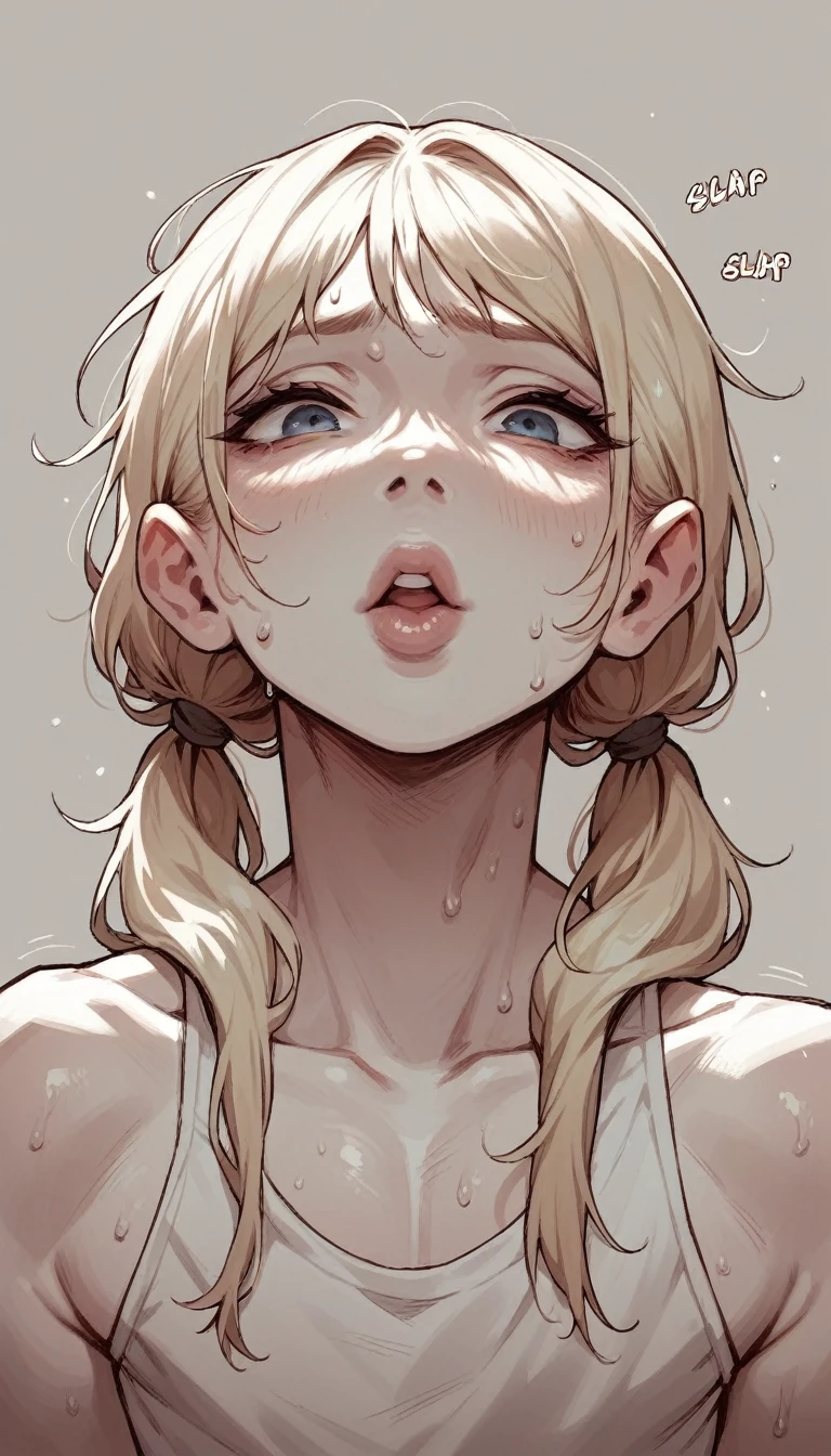 a cute femboy with long blonde twin tails, detailed lips, sweating, panting, ecstatic expression, mischievous sound effects, 2 frames
