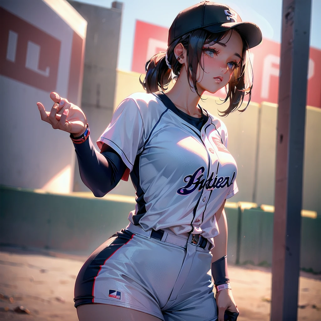 realisticlying、girl with、Super close-up looking up from below、Baseball Jerseys、Buttock emphasis、Breasts a little bigger、thighs are a little thick、Smile、sexly、Sexy Posing、baseball field