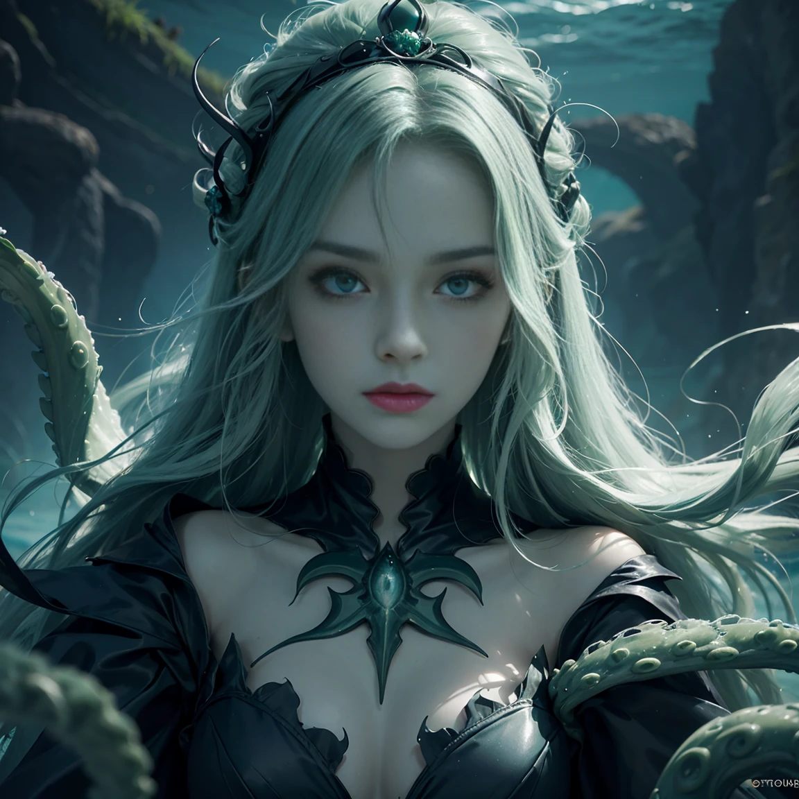 a picture of a sea witch, long green hair, evil, villain, she is coming to you, up close, dark ocean,( underwater:1.1), lightning, bright eyes, wearing a dress made of algae, tentacles, octopus, (up close:1.3)