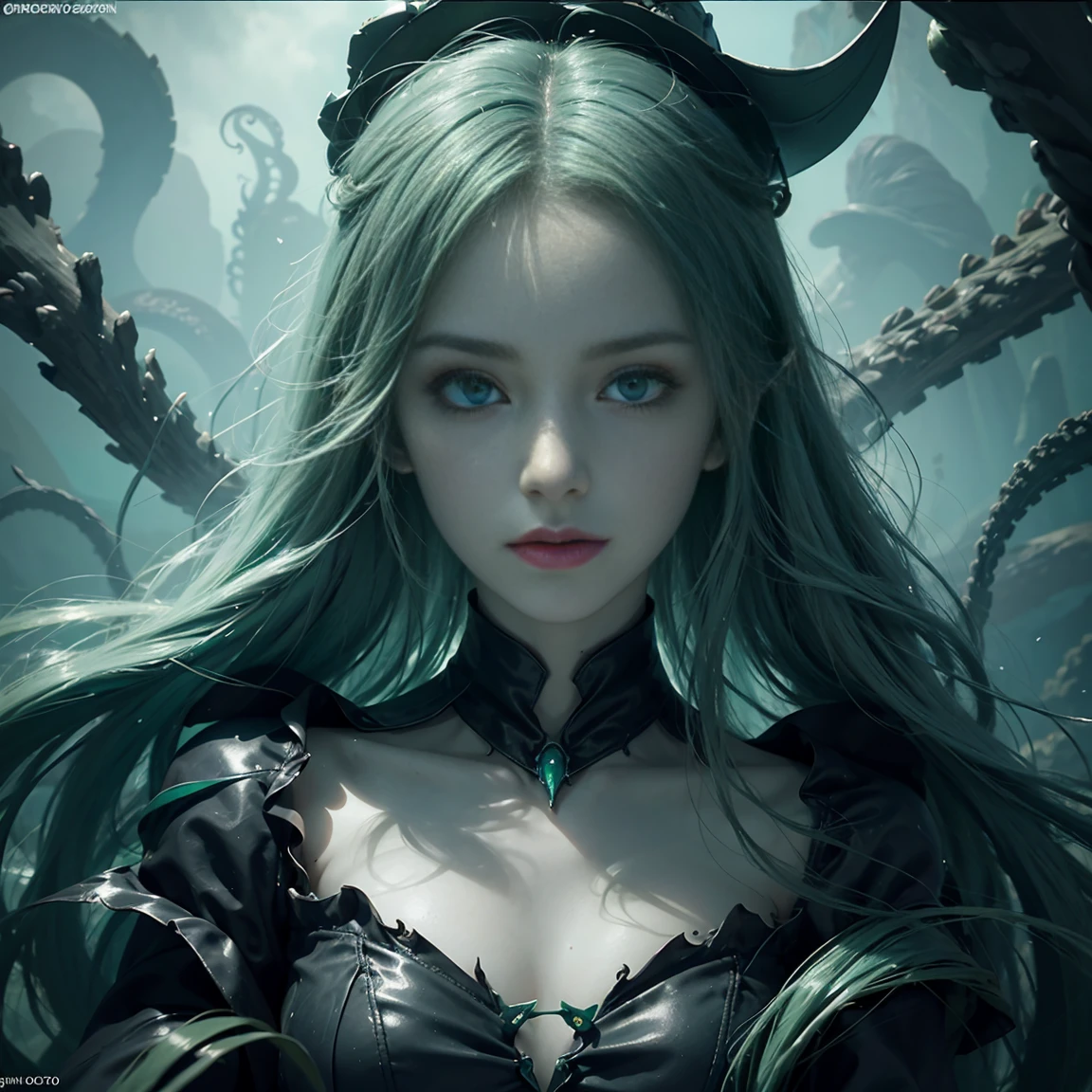 a picture of a sea witch, long green hair, evil, villain, she is coming to you, up close, dark ocean,( underwater:1.1), lightning, bright eyes, wearing a dress made of algae, tentacles, octopus, (up close:1.3)
