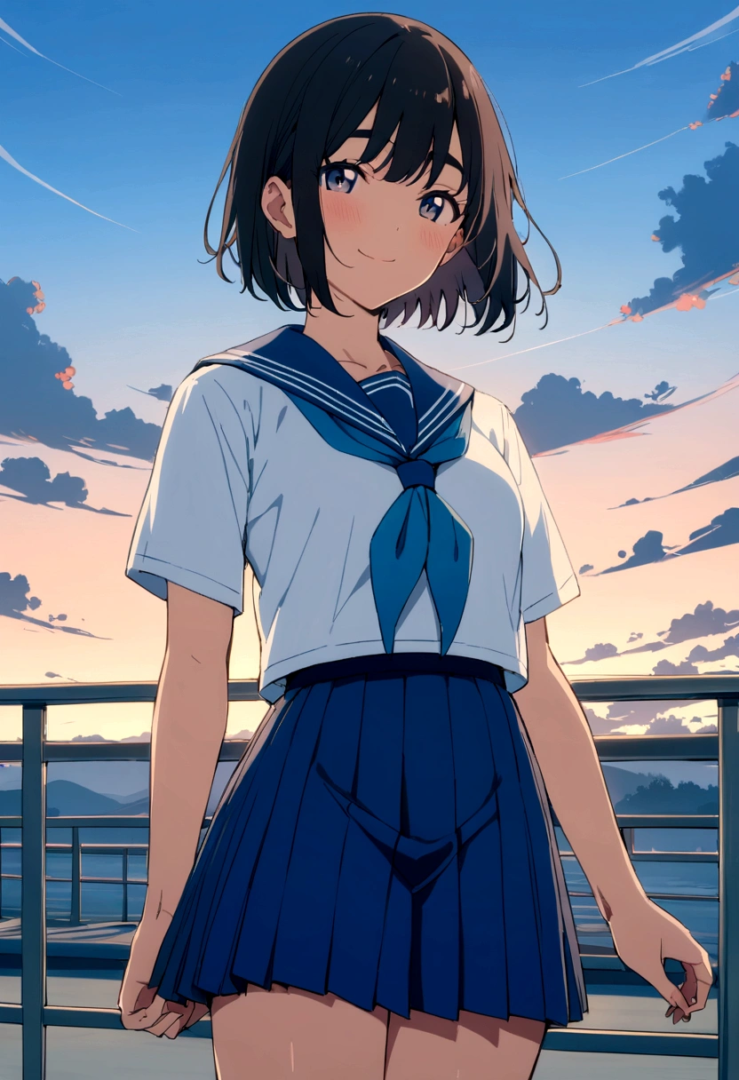 masterpiece, Highest quality, High resolution,, One Girl, alone, blackい目, short hair, neckerchief, Pleated skirt, black hair, Blue Skirt, blue neckerchief, black_hair, Short sleeve, White shirt, Blue sailor collar, 前hair, eyebrow, Cowboy Shot, Outdoor,evening、 smile,Japan,anime