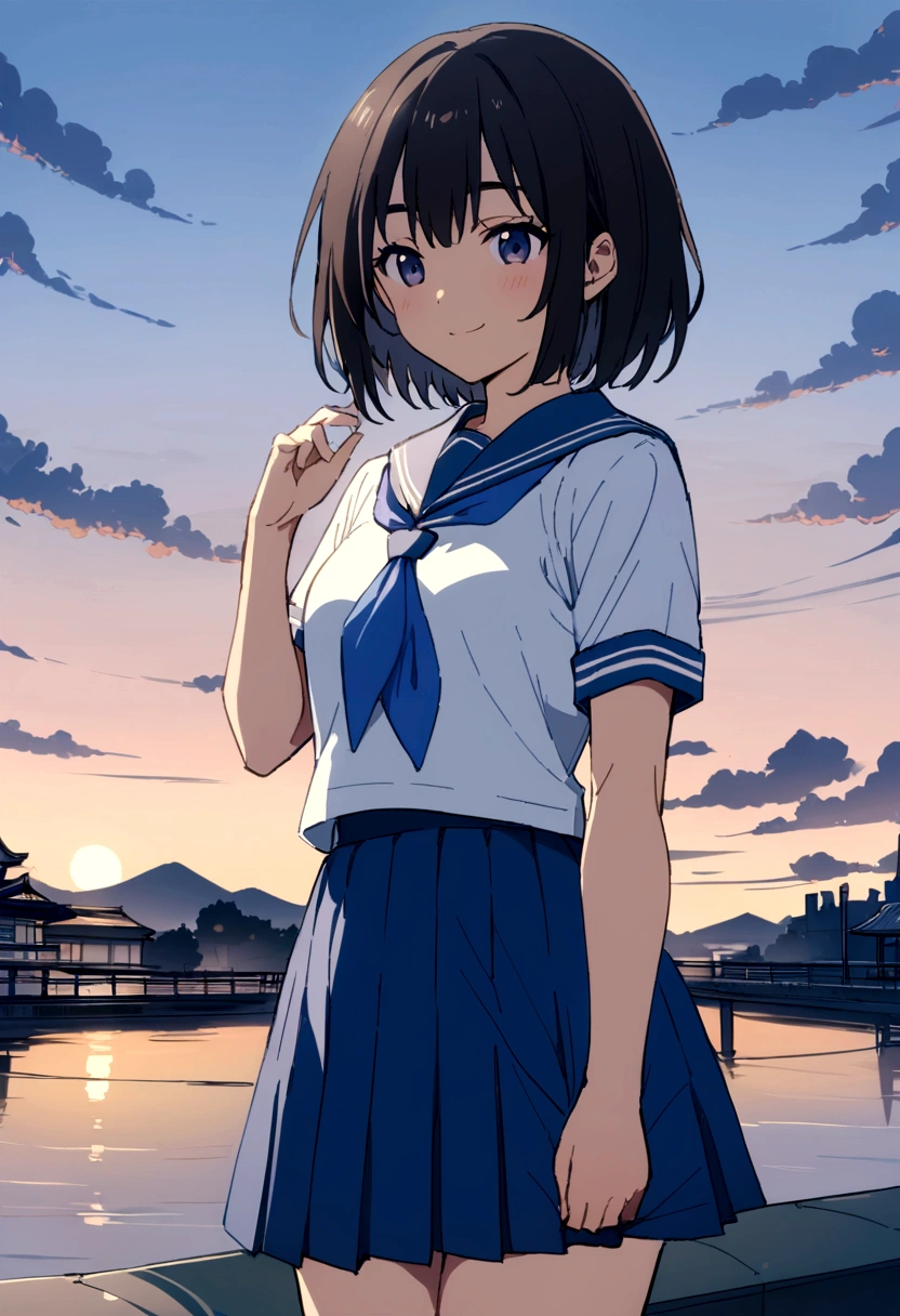 masterpiece, Highest quality, High resolution,, One Girl, alone, blackい目, short hair, neckerchief, Pleated skirt, black hair, Blue Skirt, blue neckerchief, black_hair, Short sleeve, White shirt, Blue sailor collar, 前hair, eyebrow, Cowboy Shot, Outdoor,evening、 smile,Japan,anime