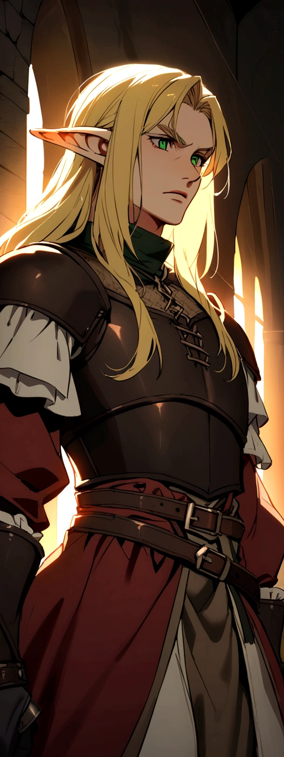 adult man, blond, shorth hair, elf ears, greeneyes, medieval outfit with leather armor