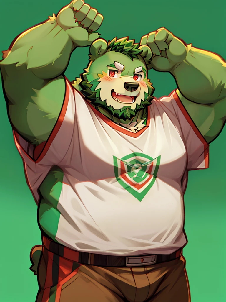 anthro, kemono, male, solo, (((green bear))), (((green fur))), green hair, red eyes, beard, white eyebrows, y, blush, wink, simple background, wear a white t-shirt, wave a big lgbt flag,