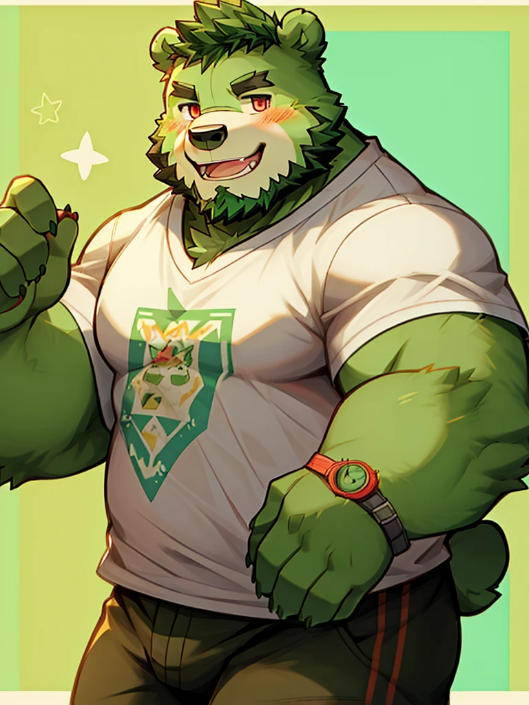 anthro, kemono, male, solo, (((green bear))), (((green fur))), green hair, red eyes, beard, white eyebrows, sexy, blush, wink, simple background, wear a white t-shirt, wave a big lgbt flag,