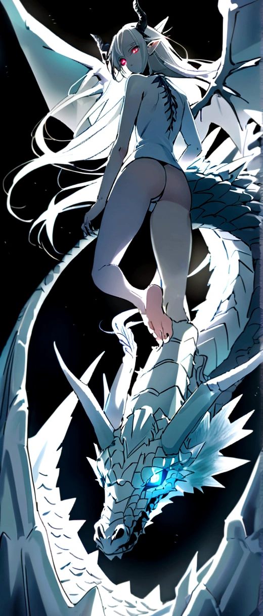 Dragon horned head,Dragon's winged back,Butt with a dragon's tail,The arms and legs have scales,With dragon hands and feet.Ice Dragon,Beautiful youth.18-year-old,Long Hair,Glowing Eyes,fly in the sky,