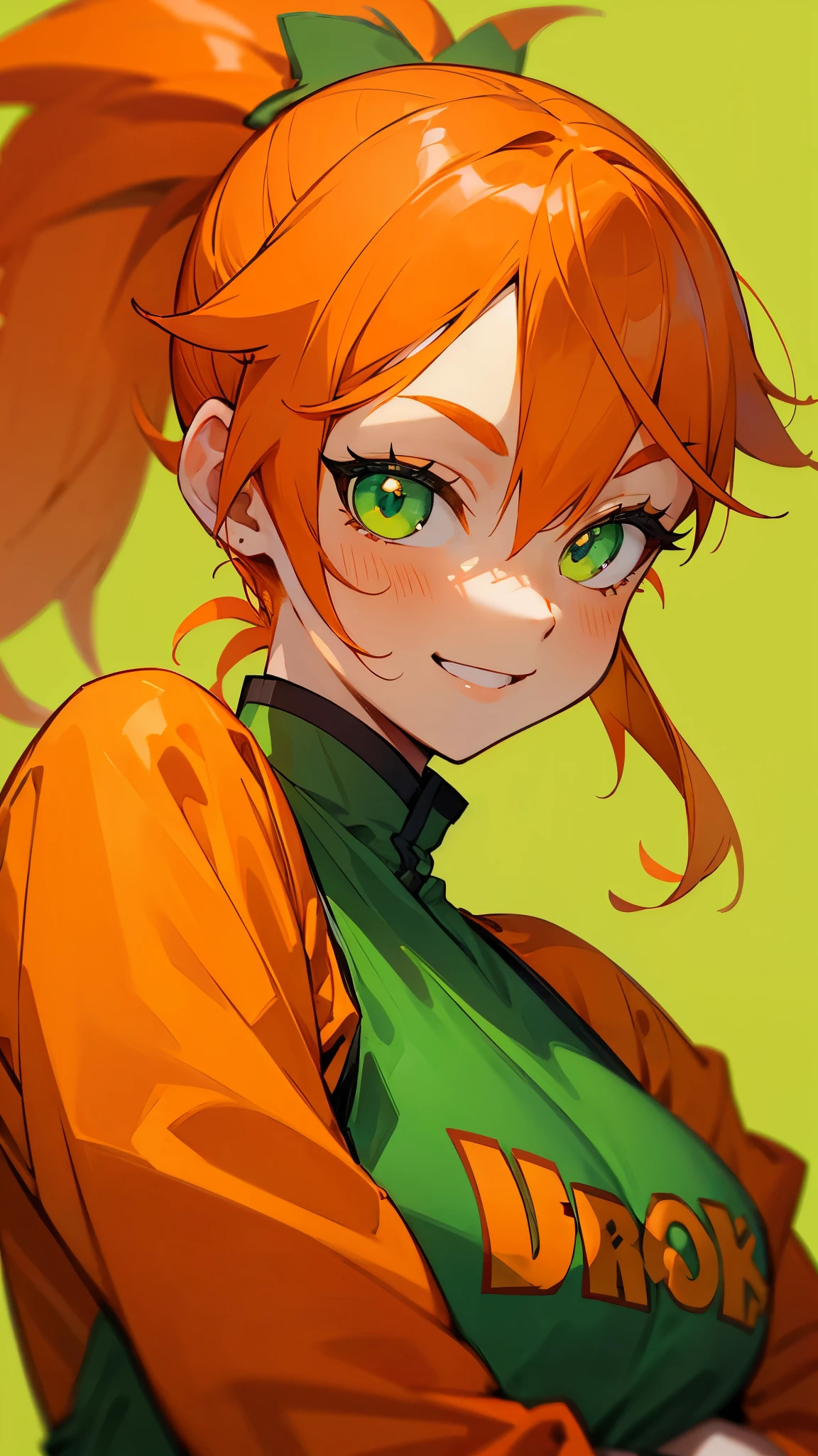 Orange clothes、Orange Hair、ponytail、Beautiful green eyes、Wicked Smile、Shrimp mascot、Upper body close-up