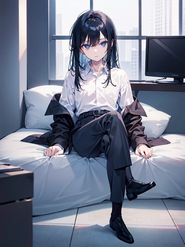 male,sitting, crossed legale,company president,medium length hair,expressionless,, long sleeve shirt