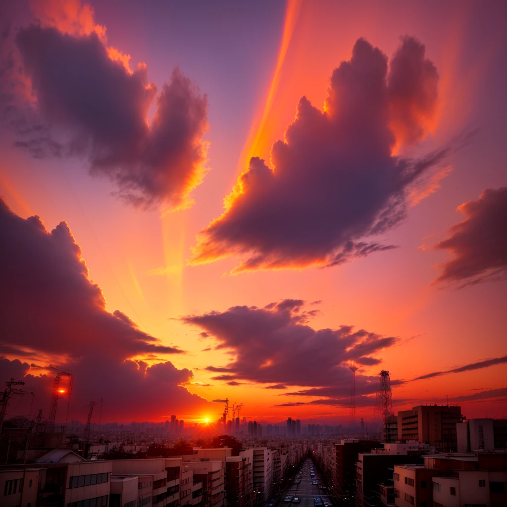 arafed view of a sunset over a city with a few buildings, sunset kanagawa prefecture, sky setting, it is sunset, sunset!, sunset!!!, evening sunset, sunset time, sunset photo, ((sunset)), with sunset, The sun goes down, Vivid sky, with a sunset, Asahi, sunset with cloudy skies, sunset in the background