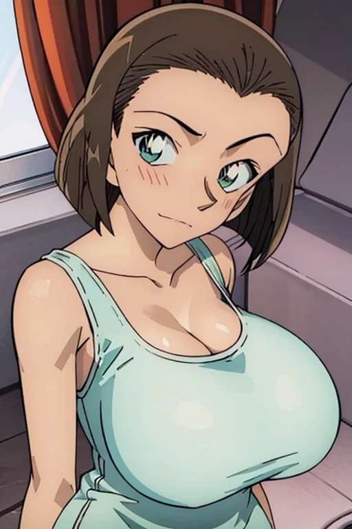 looking at the camera、When I Look at You、lookatviewer、Anime Style、Eroge、1 Girl,  (Huge breasts), (Tight white camisole dress)、Low Angle、Brown haired, hair band、Bob Hair、The forehead is visible、blush,The whole body is visible:1.5