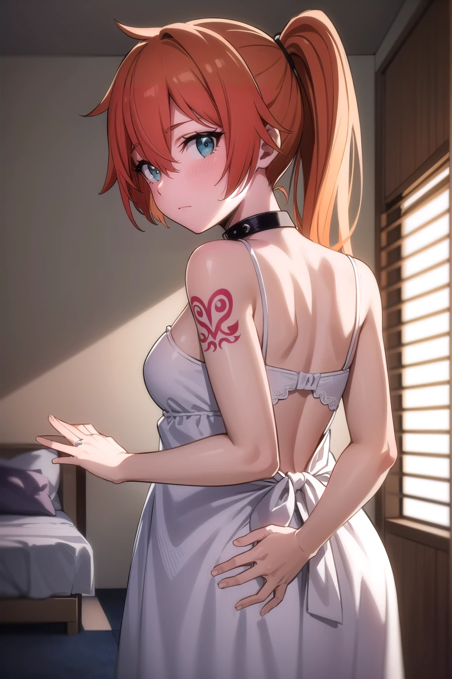 itsukakendo, itsuka kendo, long hair, (green eyes:1.3), ponytail, orange hair,
Wearing a Wedding dress, bridal veil 
Bedroom,
BREAK looking at viewer, (cowboy shot:1.5),
BREAK (masterpiece:1.2), best quality, high resolution, unity 8k wallpaper, (illustration:0.8), (beautiful detailed eyes:1.6), extremely detailed face, perfect lighting, extremely detailed CG, (perfect hands, perfect anatomy),Naughty tattoo on the belly, Wearing a dog collar , show one's back ,nose blush, pregnancy, lewd face 