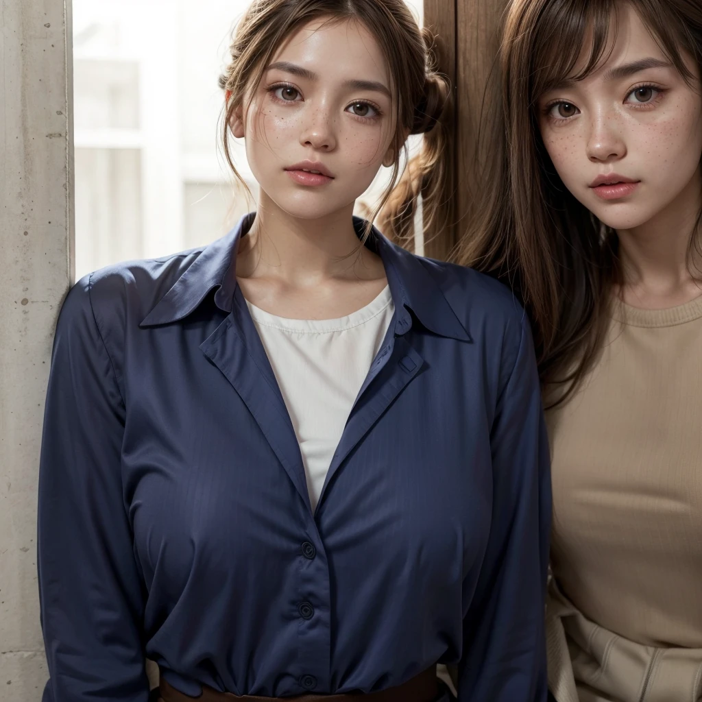 Show me my feminine appearance using a blouse with a low neckline and a long skirt, Light brown bun hair, Light brown eyes, fair skin with freckles, Adidas women's tennis shoes