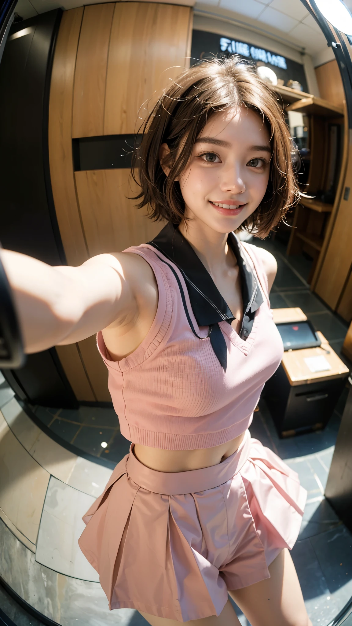 Highest quality, masterpiece, Ultra-high resolution,8K, (Realistic:1.6), (Face-to-face selfie portrait) RAW Photos, 1 Girl,(Full of smiles, Showing teeth)), 22 years old,((Korean Idol Karina Fashion)),((Miniskirt uniform and undershorts)),((Straight pink very short hair)),((Looking up at the audience)),Face Focus:1.4,((Selfie taken with a fisheye lens:1.4)),