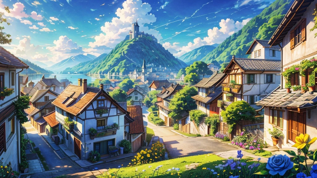 swiss town, By the sea, view, house, in the air, sky, window, plant, sky, grass, cloud, plantในกระถาง, green tree, door, flower pot, Blue sky, architecture, chimney, yellow flower, rose, Miyazaki style