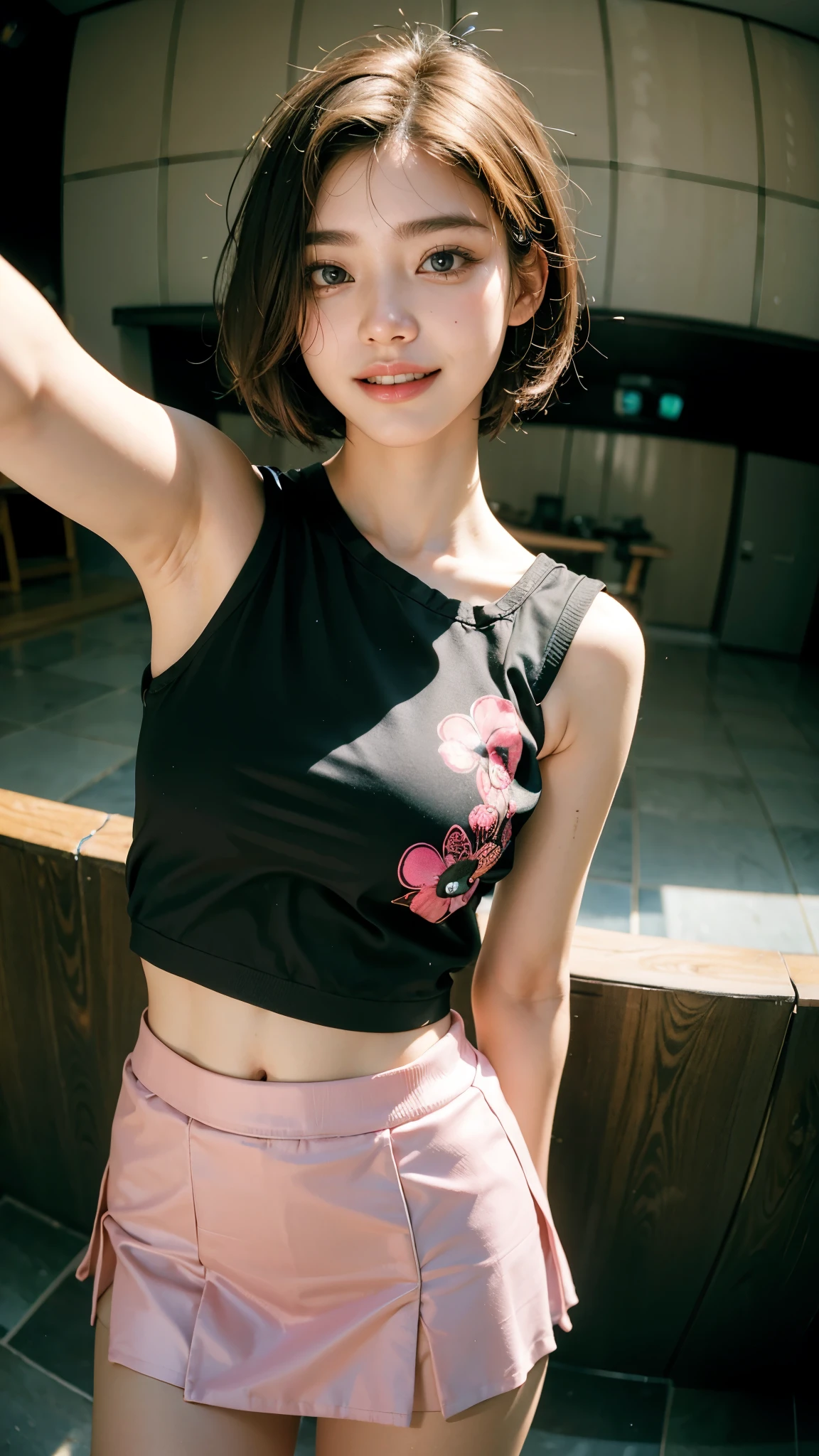 Highest quality, masterpiece, Ultra-high resolution,8K, (Realistic:1.6), (Face-to-face selfie portrait) RAW Photos, 1 Girl,(Full of smiles, Showing teeth)), 22 years old,((Korean Idol Karina Fashion)),((Miniskirt uniform and undershorts)),((Straight pink very short hair)),((Looking up at the audience)),Face Focus:1.4,((Selfie taken with a fisheye lens:1.4)),