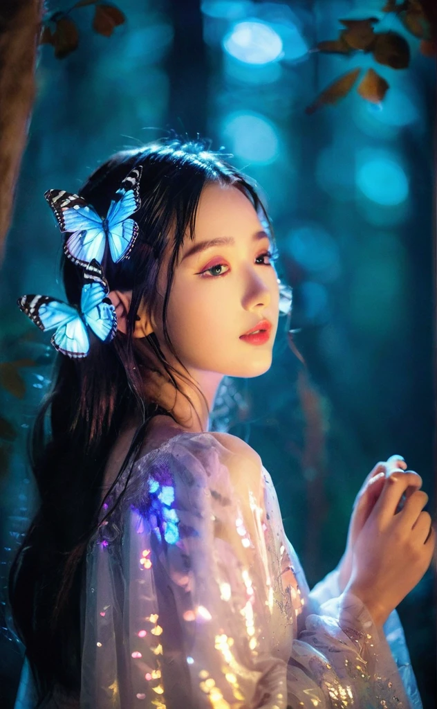 mugglelight,a girl with iridescent butterfly wings,bathed in the soft glow of a moonlit forest,enchanting atmosphere,magical expression,fantasy allure.,
korean girl,black hair,