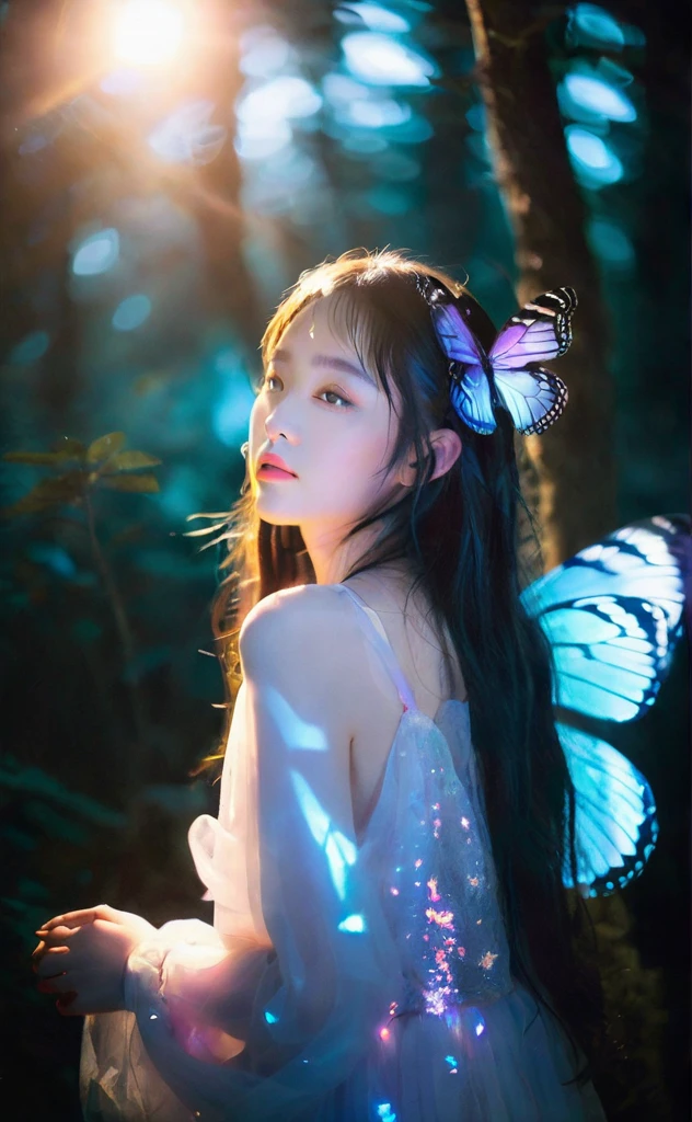 mugglelight,a girl with iridescent butterfly wings,bathed in the soft glow of a moonlit forest,enchanting atmosphere,magical expression,fantasy allure.,
korean girl,black hair,