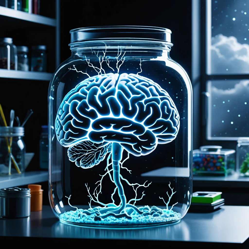 sci-fi style style fantasy a human brain growing in a glass jar in a workshop, jar full of a dull transluscent liquid, realistic natural brain, lid on jar, volumetric lighting and mist effects to enhance the mystical atmosphere, lightning in jar, stunningly beautiful, crisp, detailed, ultramodern, high contrast, cinematic, . futuristic, technological, alien worlds, space themes, advanced civilizations