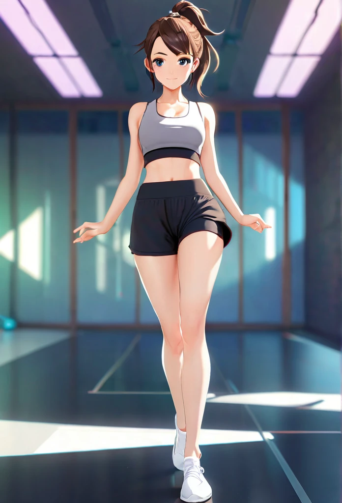 insanely beautiful girl, short messy brunette hair, ponytail, heterochromia brown and grey, minimal Yoga clothes, hourglass body, little smile, open-minded, yoga studio, Full body Beautiful anime style girl, sweat leggs, secypose, clean detailed faces, intracated clothing, analogous colors, glowing shadows, beautiful gradient, depth of field, clean image, high quality, high detail, high definition, Luminous Studio graphics engine, cute face, big braest, slim waist, nice hips,