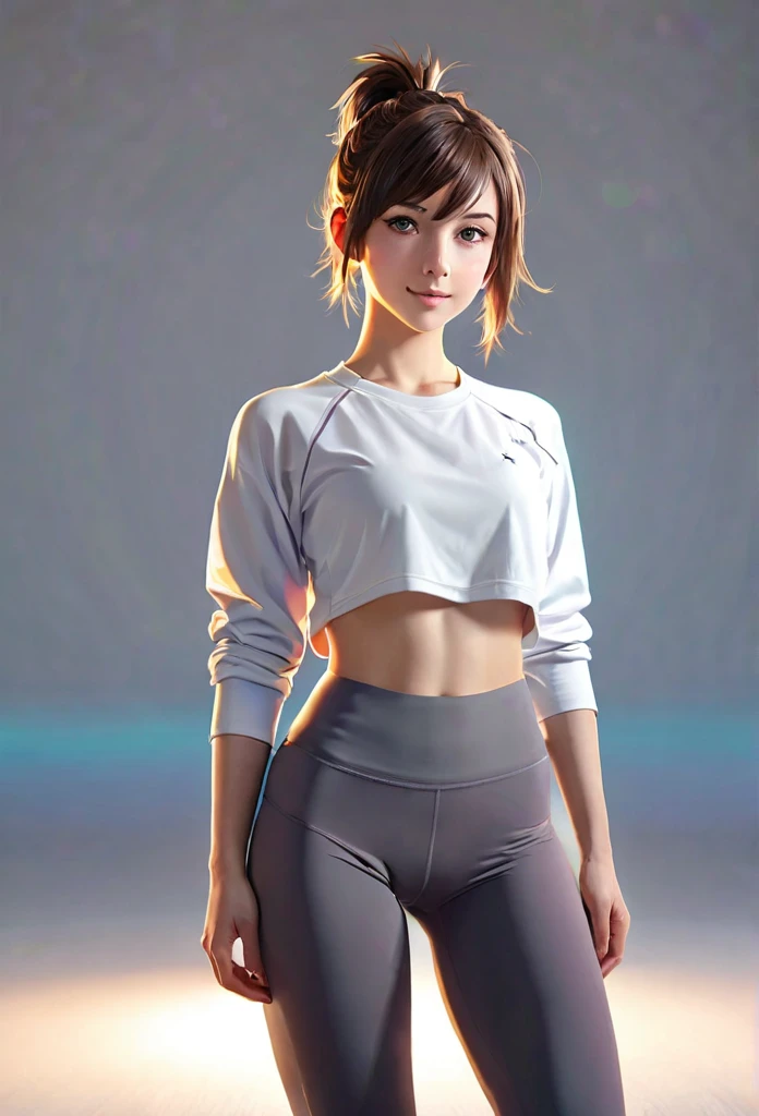 insanely beautiful girl, short messy brunette hair, ponytail, heterochromia brown and grey, minimal Yoga clothes, hourglass body, little smile, open-minded, yoga studio, Full body Beautiful anime style girl, sweat leggs, secypose, clean detailed faces, intracated clothing, analogous colors, glowing shadows, beautiful gradient, depth of field, clean image, high quality, high detail, high definition, Luminous Studio graphics engine, cute face, big braest, slim waist, nice hips,