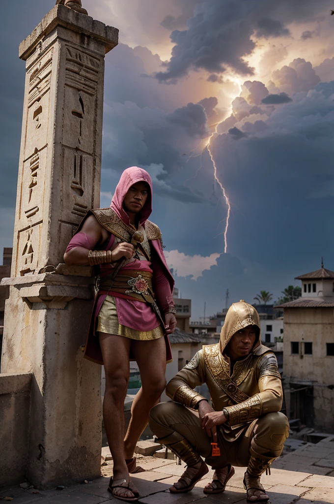 an Indonesian man, 30 years old, wearing a pink and gold Assassin's Creed costume, with the words "aji" written on it. He was squatting on the top of a tall building, and there was an eagle standing on his arm. 
background of an old ancient Egyptian house. illuminated by sunlight in the afternoon and lightning in the sky