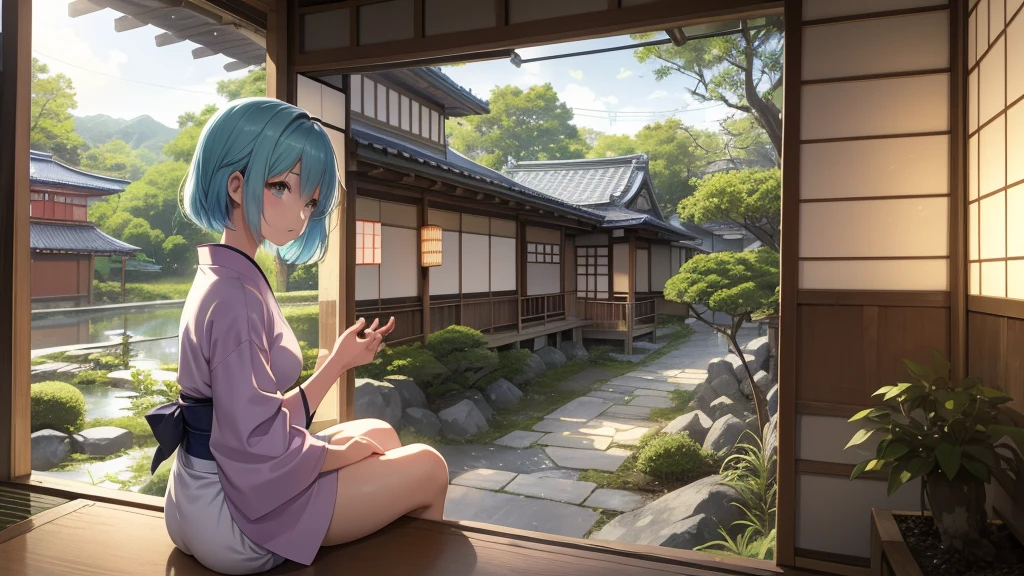 An old anime character sitting sitting in the terasse of an old japanese house, chilling at the view of her garden. summer chill vibes. The colors are soft and pastel, with soft lighting and a nostalgic ambiance, Lo-Fi, , cute girl, side view, wide view, japanese beauty, beutiful girl.