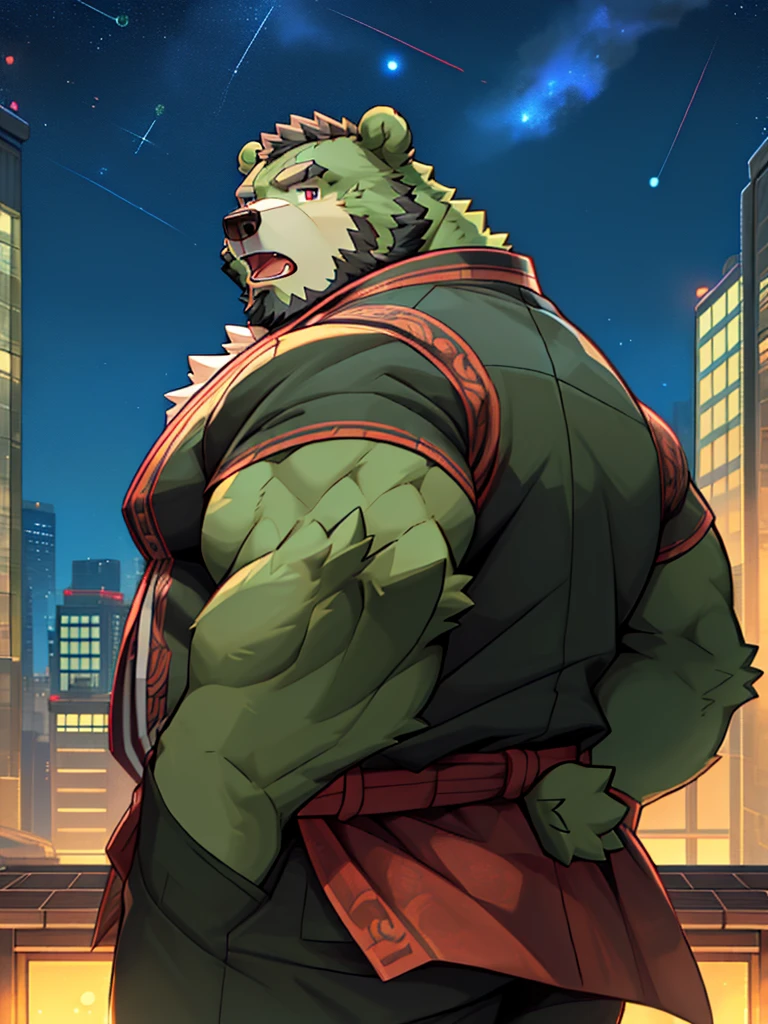 bara, furry, furry_male,male focus, solo, muscular male,  (((green bear))), (((green fur))), green hair, red eyes, beard, white eyebrows, (a green fur boy wearing a gray jacket and gray pants, a bear, standing on a rooftop, surrounded by skyscrapers, bustling cityscape, night-lit skyline, Japanese style, fluffy chest, close-up portrait, close-up of the head, on the rooftop, with shooting stars streaking across behind, slightly open mouth, looking back with a hint of confusion)