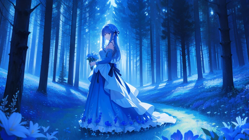 Magical Forest,Maiden in flowers,blue flower,night,Dark Environment,Bluish,dark