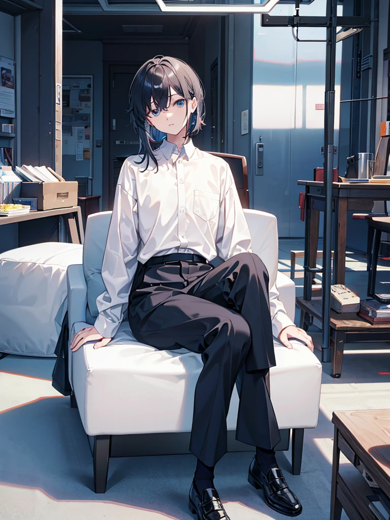 male,sitting, crossed legale,company president,medium length hair,expressionless,, long sleeve shirt