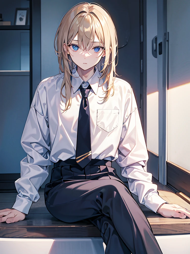 male,sitting, crossed legale,company president,medium length hair,expressionless,, long sleeve shirt