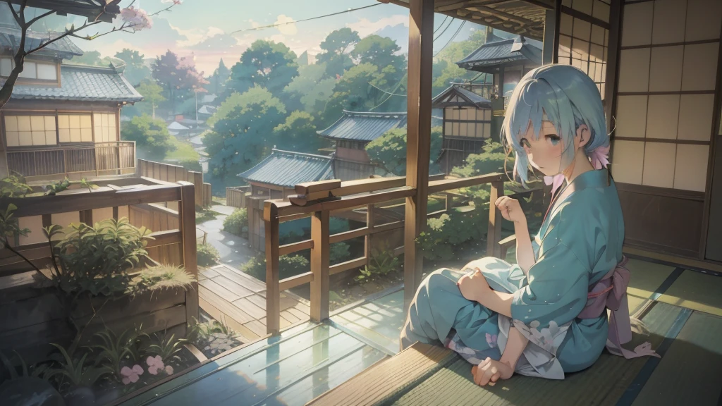 An old anime character sitting sitting in the terasse of an old japanese house, chilling at the view of her garden. summer chill vibes. The colors are soft and pastel, with soft lighting and a nostalgic ambiance, Lo-Fi, , cute girl, side view, wide view, japanese beauty, beutiful girl.