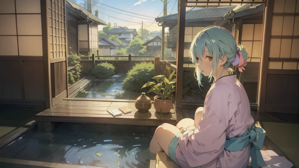 An old anime character sitting sitting in the terasse of an old japanese house, chilling at the view of her garden. summer chill vibes. The colors are soft and pastel, with soft lighting and a nostalgic ambiance, Lo-Fi, , cute girl, side view, wide view, japanese beauty, beutiful girl.