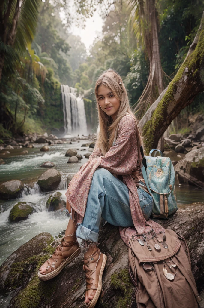 best quality, masterpiece, ultra high res, (photorealistic:1.2), 1man, (detailed face:1.2), (detailed eyes:1.2), (detailed hair:1.2), (detailed clothes:1.2), 4k, , wide shoot photography, A 13-year-old india man, wearing adventure, sitting beside a small river of rocks, dancing on a tree, behind there is a waterfall and a beautiful tree, smile facing the camera, full body, 4k, super detailed, realistic, hyperrealism