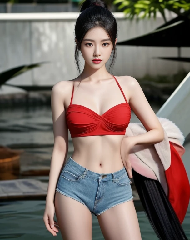 Araffe woman, beautiful,  long hair,black eyes,abdominal muscles, ผู้หญิงlong hairชาวเอเชียตะวันออกเฉียงใต้ที่มีใบหน้ากลม, ,ponytail, long hairลอยปลิวขึ้น, Large chest measures 38 inches., Warm light, morning sun,  long hair,black eyes,abdominal muscles, The body is beautiful and strong., rounded chest, (digital painting, HDR, high contrast), 3-D, 8K, 45,000,000 pixcls,Asian girl, Gorgeous Chinese model, Japanese model, beautiful asian woman, Japanese goddess, Very beautiful girl., beautiful young woman, In the water up to her shoulders, very beautiful woman, Attractive and beautiful, sexy girl, Asian girl, beautiful female model, jaw-dropping beauty, Attractive face and body