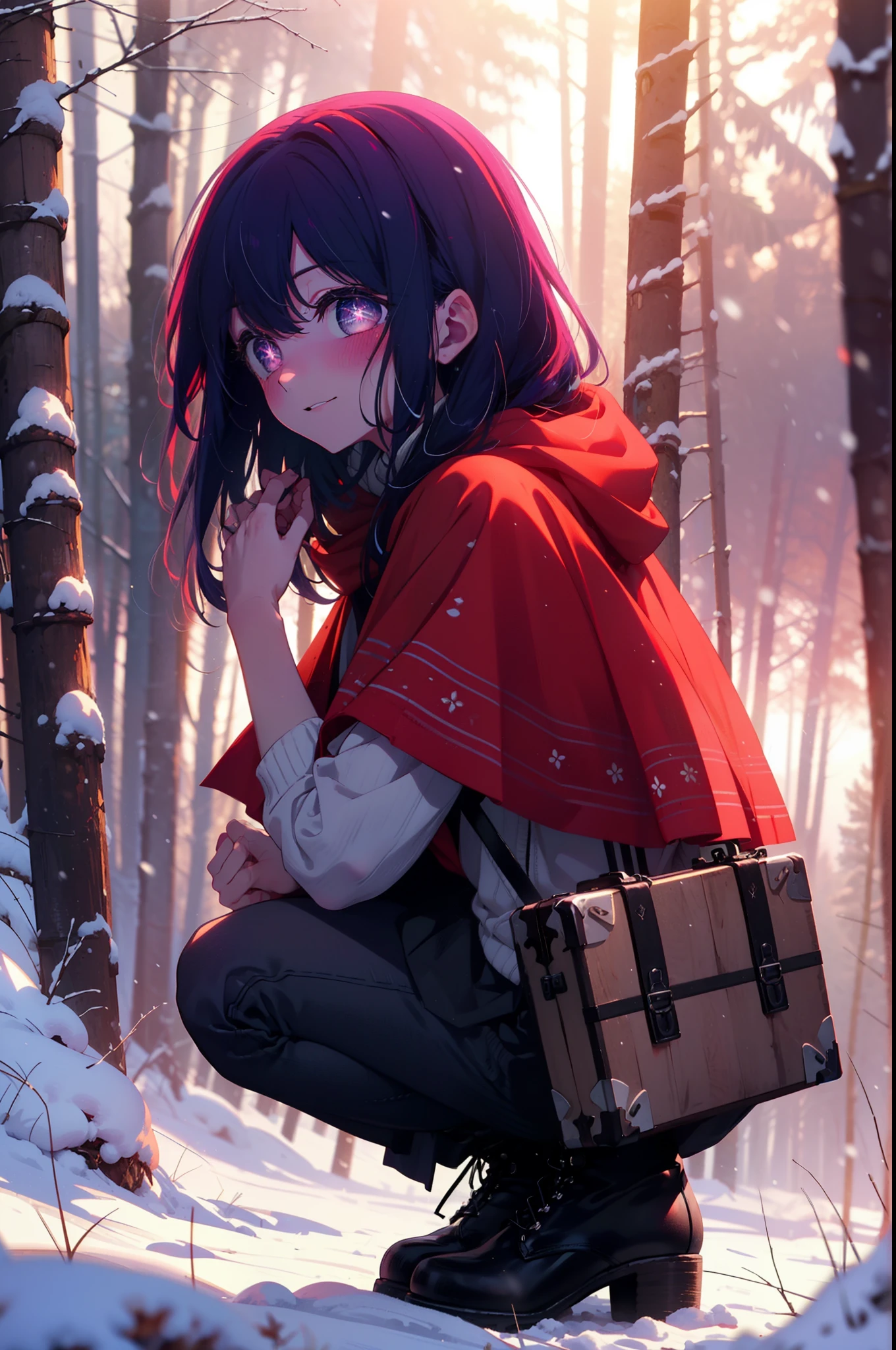 aihoshino, Ai Hoshino, Long Hair, bangs, (Purple eyes:1.1), Purple Hair, (Symbol-shaped pupil:1.5), smile,,smile,blush,White Breath,
Open your mouth,snow,Ground bonfire, Outdoor, boots, snowing, From the side, wood, suitcase, Cape, Blurred, , forest, White handbag, nature, Squat, Mouth closed, Cape, winter, Written boundary depth, Black shoes, red Cape break looking at viewer, Upper Body, whole body, break Outdoor, forest, nature, break (masterpiece:1.2), Highest quality, High resolution, unity 8k wallpaper, (shape:0.8), (Beautiful and beautiful eyes:1.6), Highly detailed face, Perfect lighting, Extremely detailed CG, (Perfect hands, Perfect Anatomy),