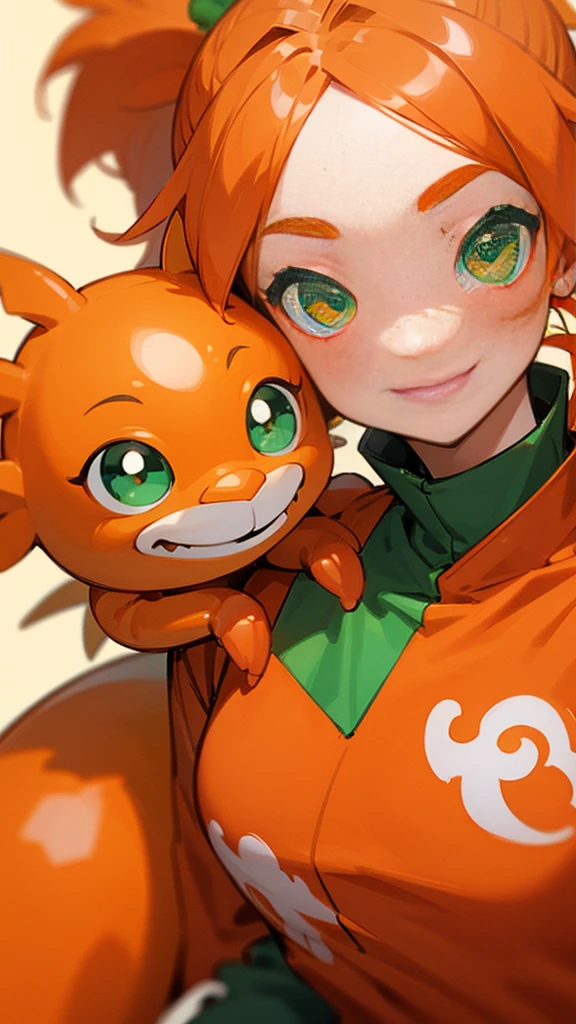 Orange clothes、Orange Hair、ponytail、Beautiful green eyes、Wicked Smile、Shrimp mascot、Upper body close-up