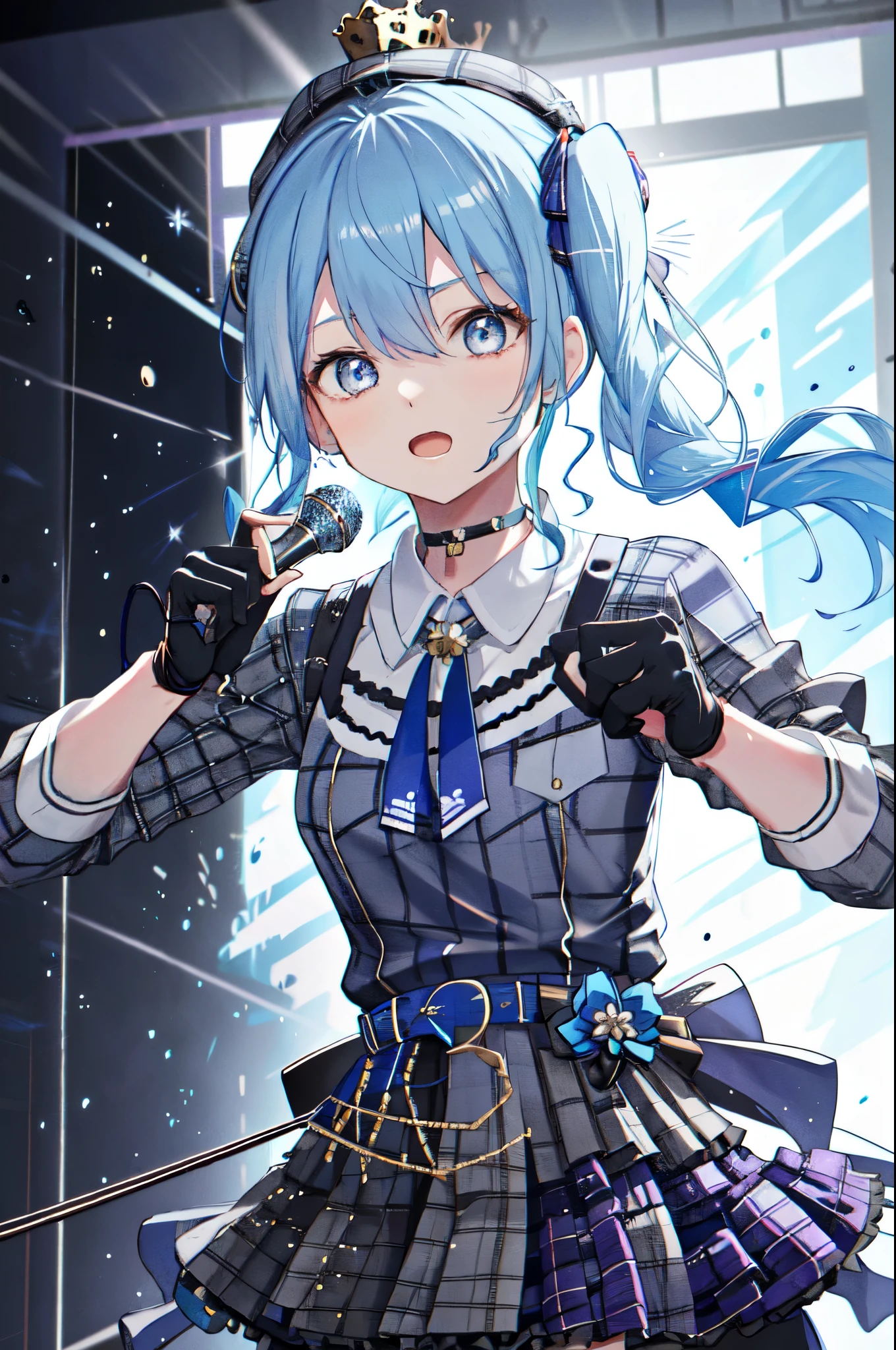 1girl, hoshimachi suisei, blue eyes, gloves, microphone, blue hair, plaid, hat, choker, open mouth, plaid headwear, side ponytail, beret, crown, skirt, black gloves, holding microphone, partially fingerless gloves, plaid skirt, shirt, hair between eyes, belt, ribbon,