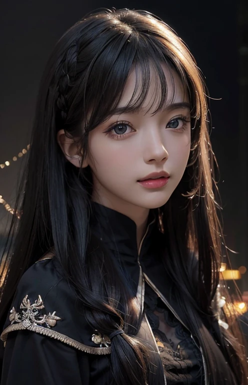 (ultra realistic), (illustration), (increased resolution), (8K), (มีรายVery detailed), (Best illustration), (Beautiful and detailed eyes), (best quality), (Very detailed), (Masterpiece ), ( Wallpaper), (detailed face), alone, 1 woman, look at viewer, great details, detailed face, in the dark, deep shadow, low voice, Pure Rose Face_v1, smile, long hair, black shawl, straight hair , Oblique bangs 46 points