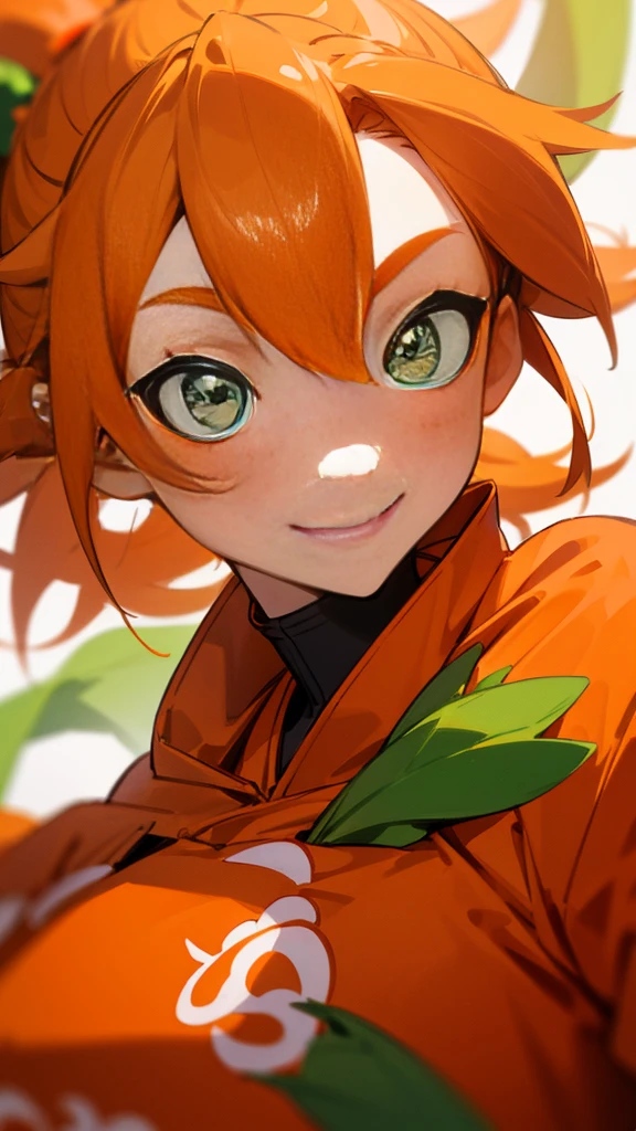 Orange clothes、Orange Hair、ponytail、Beautiful green eyes、Wicked Smile、Shrimp mascot、Upper body close-up