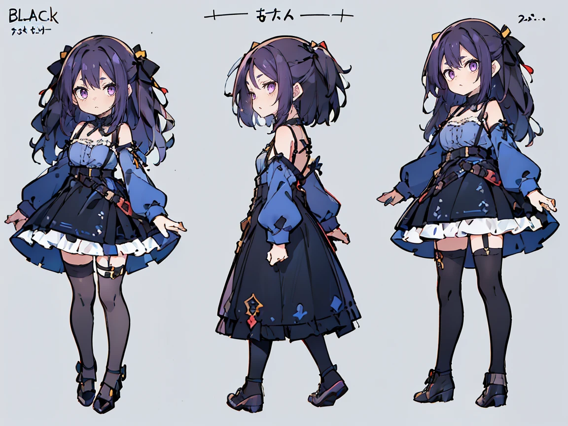 (((three-sided view, front view, side view, back view, multiple views, multiple poses and expressions, many parts)), concept art, character concept art, character sheet, Full body, illustration, (simple background, gray background), 1 character, 1girl, fantasy art:1.1), (reo mikage:0.7), blue lock, girls with((purple hair, bangs, (one side up, long wavy hair, ribbon:1.55), perfect hands, perfect fingers, (exposed breasts, tits cleavage, breasts close up:1.2), dress((suspenders, dress, belt, nun:1.15), (blue clothes, frills shirt, no sleeves, sleeveless, frills dress, frills skirt, wind blowing dress, long sleeves, white legwear, thighhighs, single thighhighs, single legwear, black footwear, strap shoes:1.42))