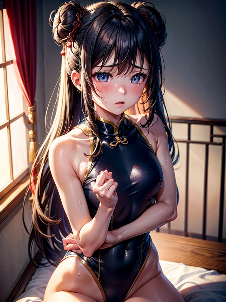 Highest Resolution,Highest quality,A beautiful girl in a Chinese leotard crying,Bun Hair,Dark bedroom,Tears,Open your mouth and drool,whole body,Sweat profusely,Cry,Beautiful eyes,