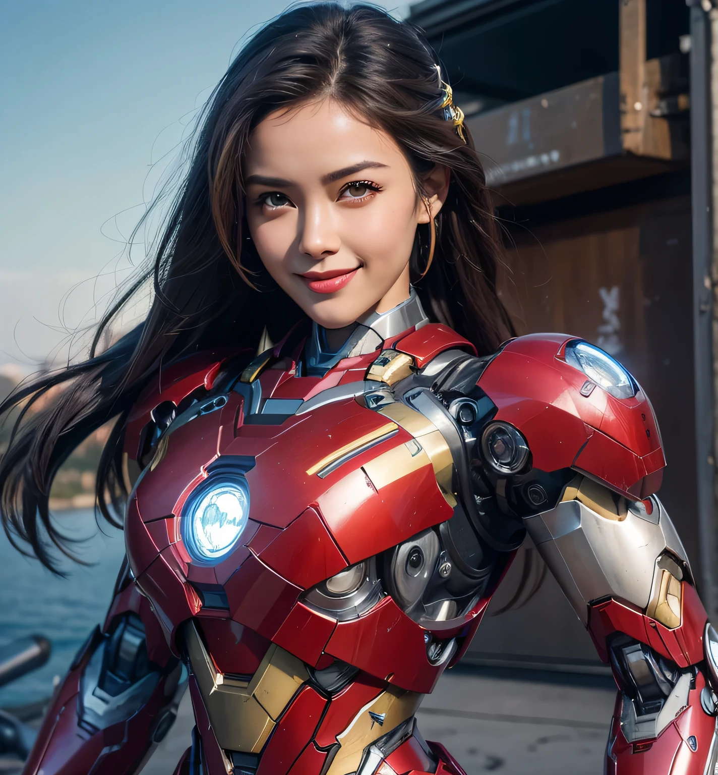 Textured skin, Super Detail, high details, High quality, Best Quality, hight resolution, 1080p, hard disk, Beautiful,(Iron Girl),Beautiful Smile,beautiful cyborg woman,Mecha Cyborg Girl,Battle Mode,Girl with a Mecha Body,She wears an Iron Man mech,powerful cyborg woman,