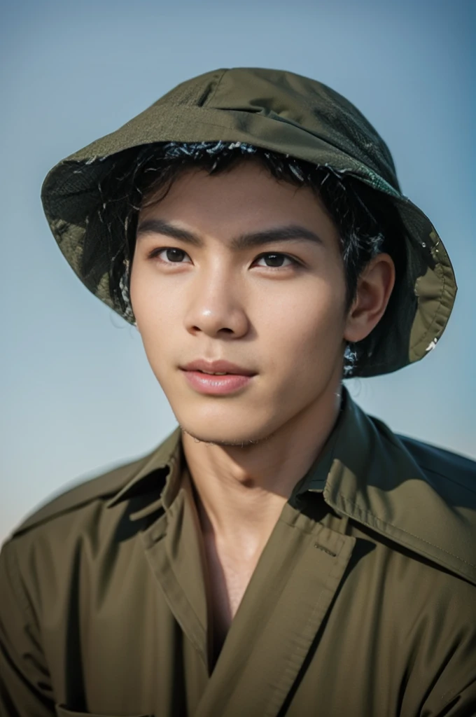 Highly realistic photo, ((masterpiece), (best quality), (raw photo), (photorealistic:1.4), A young Vietnamese soldier from 1954, dressed in a green military uniform with red insignia on the collar, and wearing a khaki hat. The photograph has an aged, vintage quality with some visible wear and tear, ((light blue background)), photo taken by Sony A7IV
