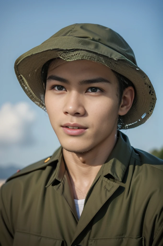 Highly realistic photo, ((masterpiece), (best quality), (raw photo), (photorealistic:1.4), A young Vietnamese soldier from 1954, dressed in a green military uniform with red insignia on the collar, and wearing a khaki hat. The photograph has an aged, vintage quality with some visible wear and tear, ((light blue background)), photo taken by Sony A7IV